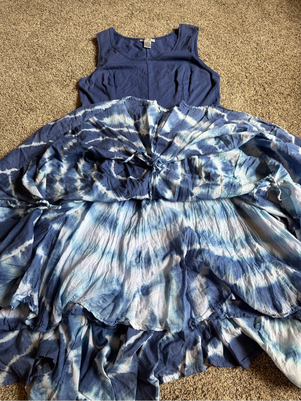 Women’s Bubble Hem Lagenlook Midi Tank Dress Sz L Cotton Ties Tie-Dye Drop Waist - Picture 7 of 7